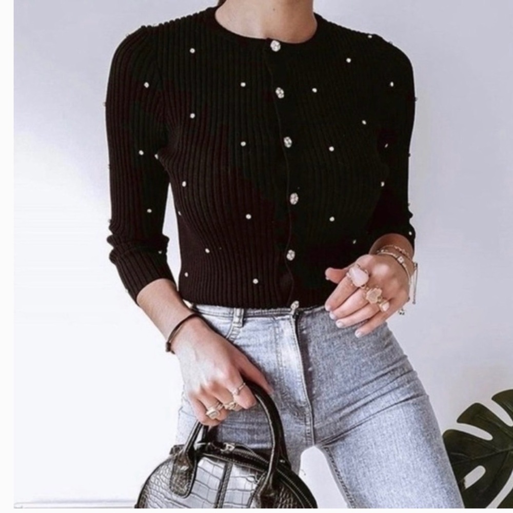 Zara -(Like New)- Black Ribbed Rhinestone Buttoned Cardigan Top- Womens Size S